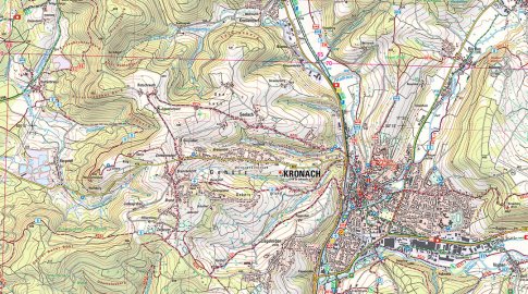 Kartenausschnitt von Kronach und Umgebung mit Höhenlinien.