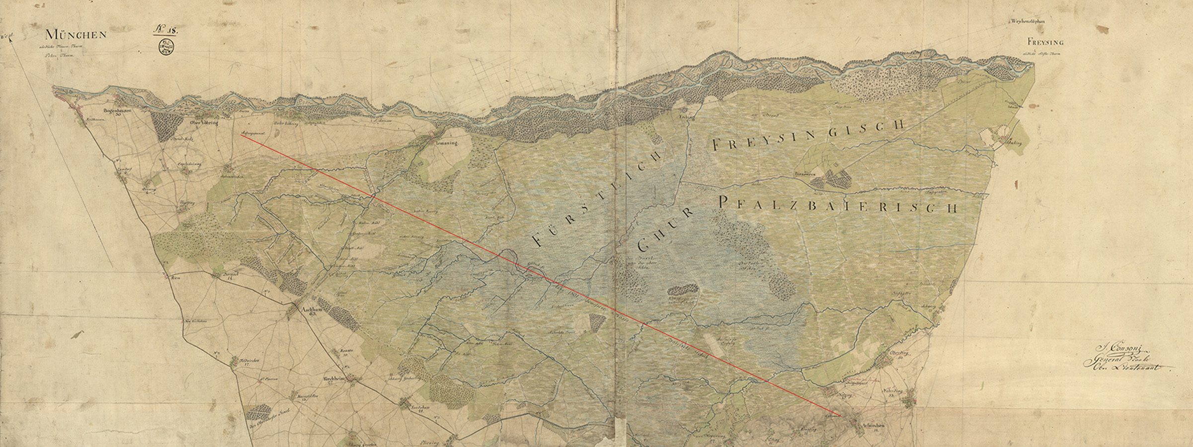 Auf der Basis Karte von 1801 ist die Basislinie zwischen Unterföhring und Aufkirchen rot eingezeichnet.