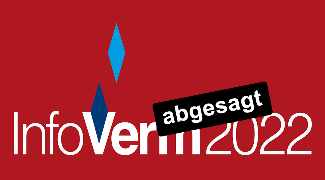 Das Logo der InfoVerm zeigt zwei kleine blaue Rauten auf rotem Grund und den Text InfoVerm2022 und den Zusatztext 