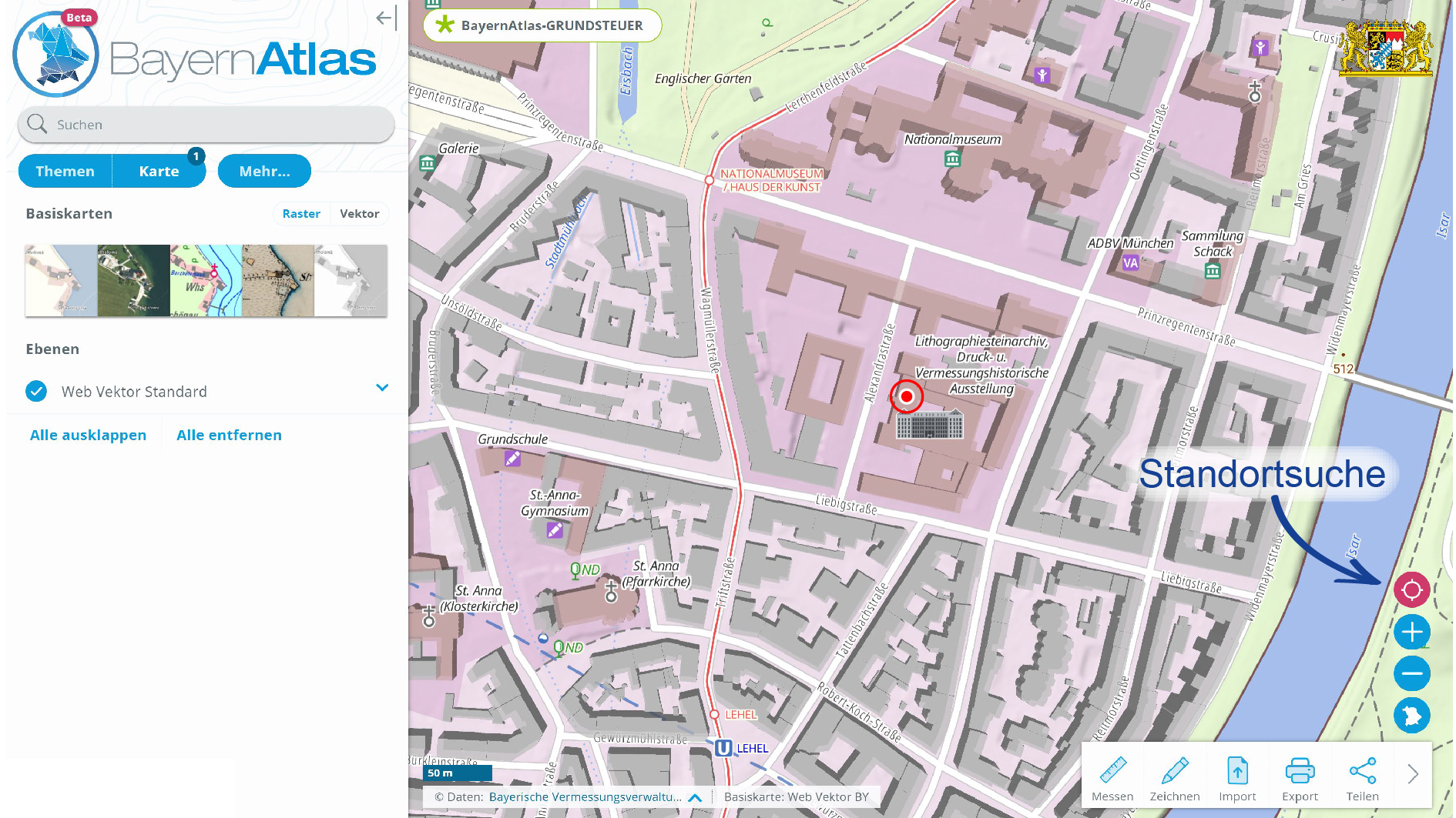 Screenshot mit aktivierter Standortsuche im BayernAtlas