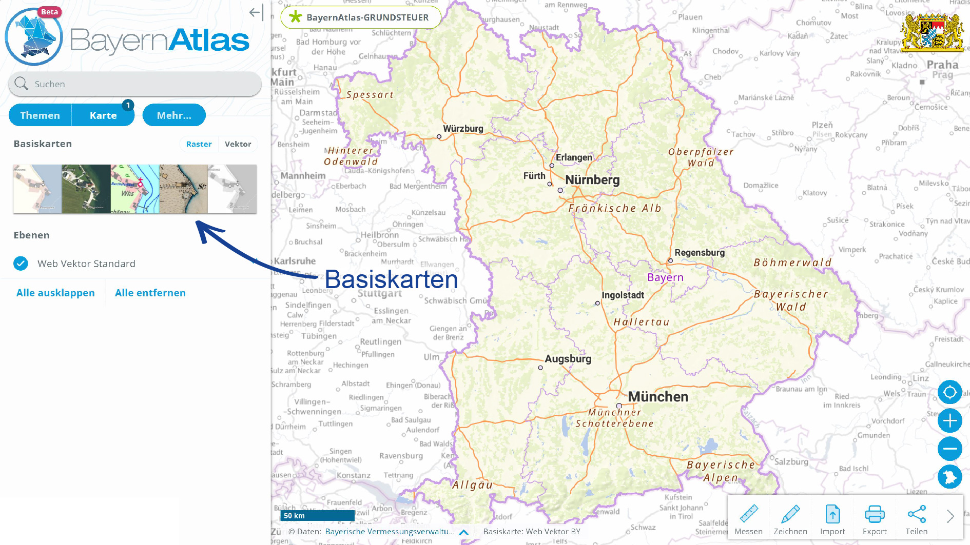 Screenshot aus dem BayernAtlas, welcher die Basiskarten zeigt