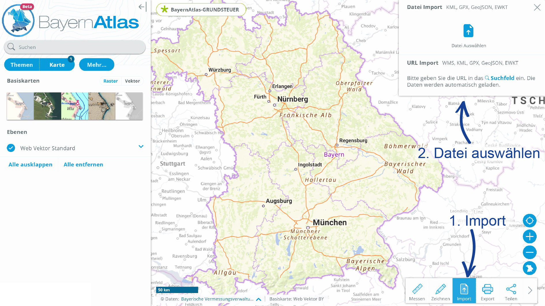 Screenshot aus dem BayernAtlas, zum Import von Daten