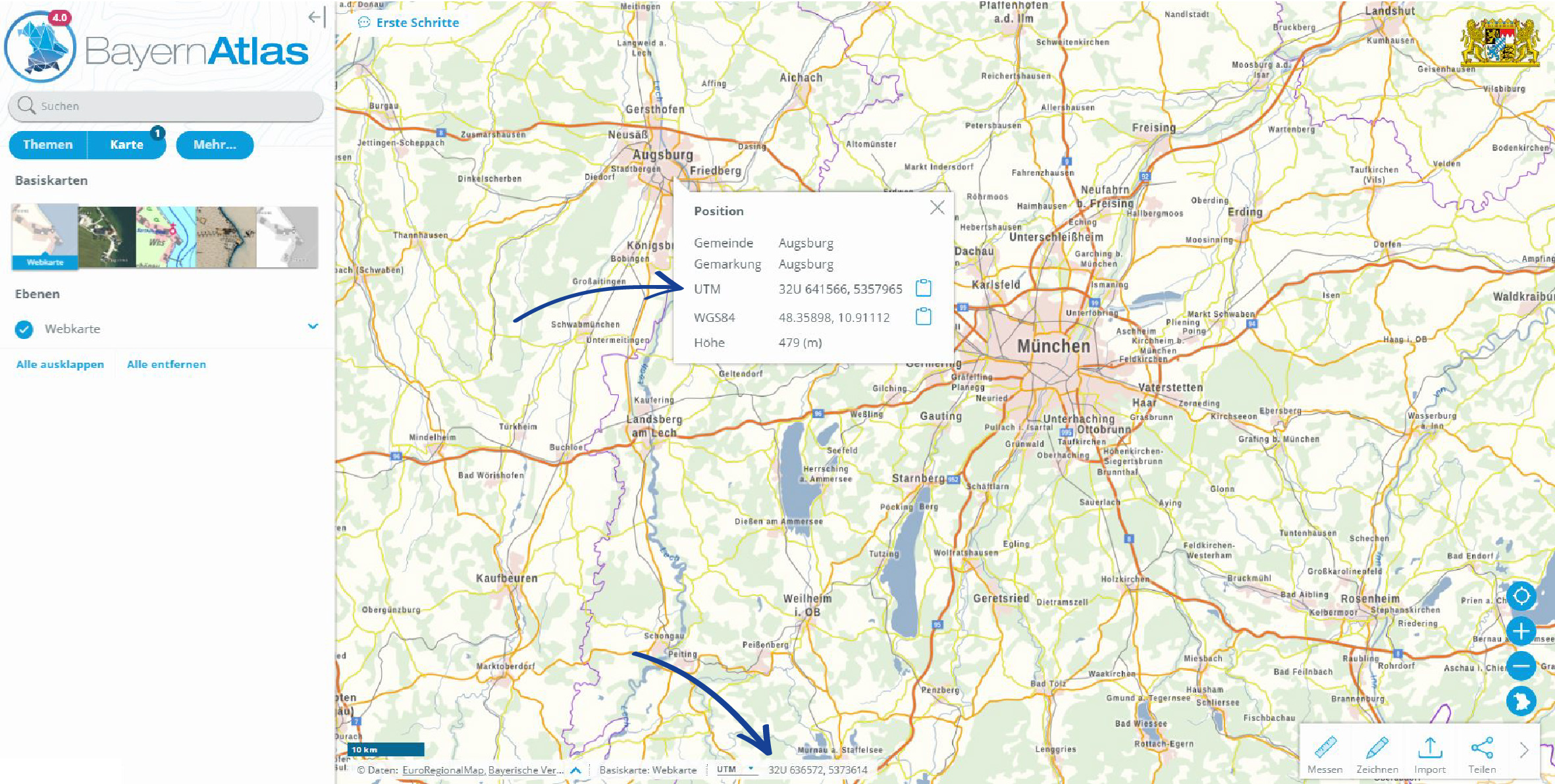 Screenshot aus dem BayernAtlas, welcher die Koordinaten zeigt