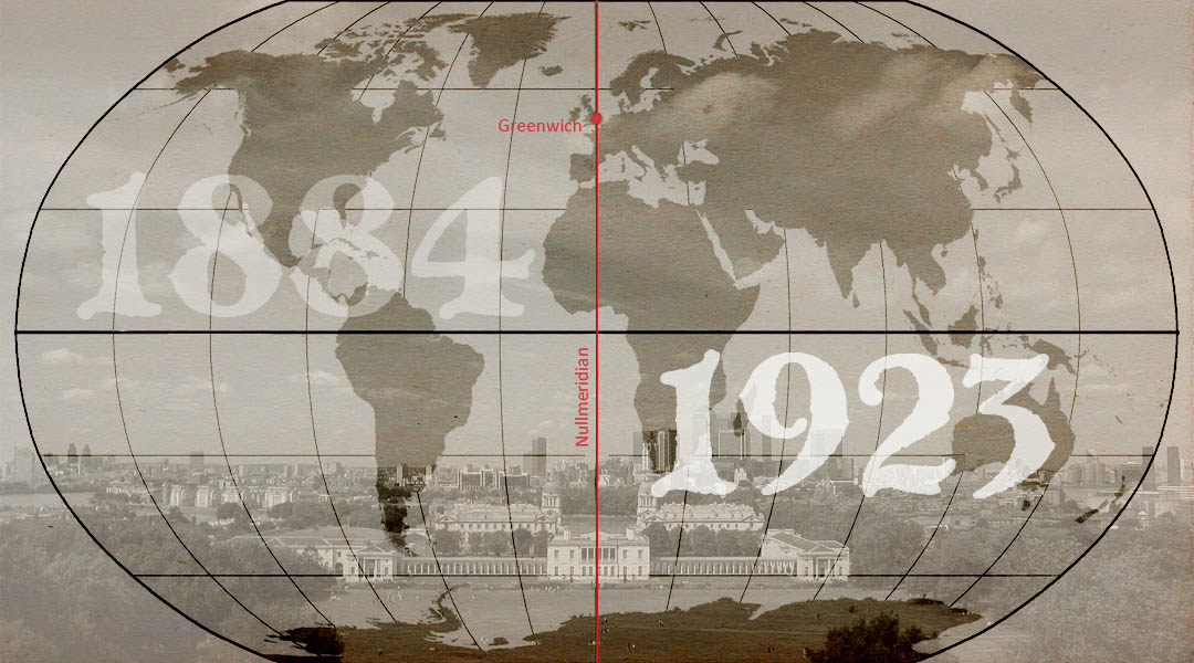 eine Weltkarte geteilt durch den Nullmeridian, links davon die Jahreszahl 1884 rechts 1923; im Hintergrund das Stadtbild von Greenwich