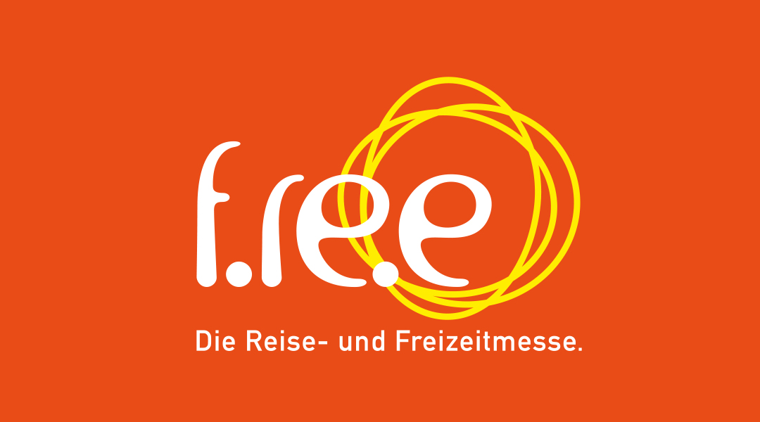 Das Logo der f.re.e in weißer Schrift auf orangenem Hintergrund und 3 gelbe Kreise
