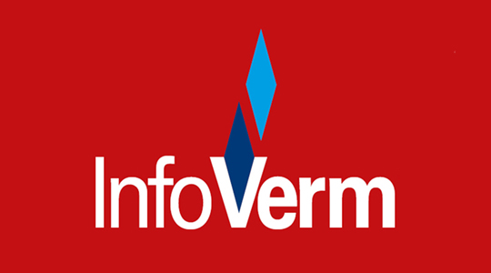 Das Logo der InfoVerm zeigt zwei kleine blaue Rauten auf rotem Grund und den Text InfoVerm.
