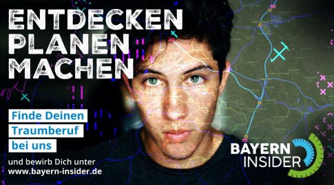 Auf dem Plakat von Bayern Insider ist der Kopf eines Jungen, der in die Kamera schaut. Oben links steht die große Überschrift 