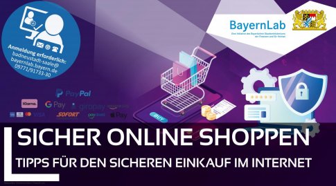 lila Hintergrund, Logos von Onlineshoppingportalen, Bezahlsysteme, Einkaufswagen auf Smartphone. Logo BayernLab.