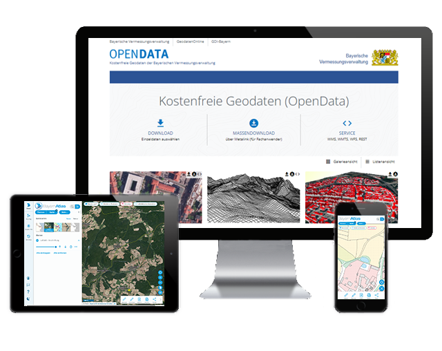 Unsere Onlineangebote: BayernAtlas, OpenData und GeodatenOnline drei unterschiedliche Bildschirmgrößen zeigen den BayernAtlas und die OpenData-Seite