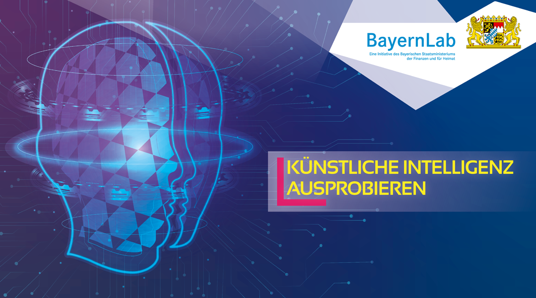 Künstliche Intelligenz ausprobieren im BayernLab Traunstein Vor dunkelblauem Hintergrund schwebt ein stilisierter Kopf aus hellblauen feinen Linien und eckigen Feldern.