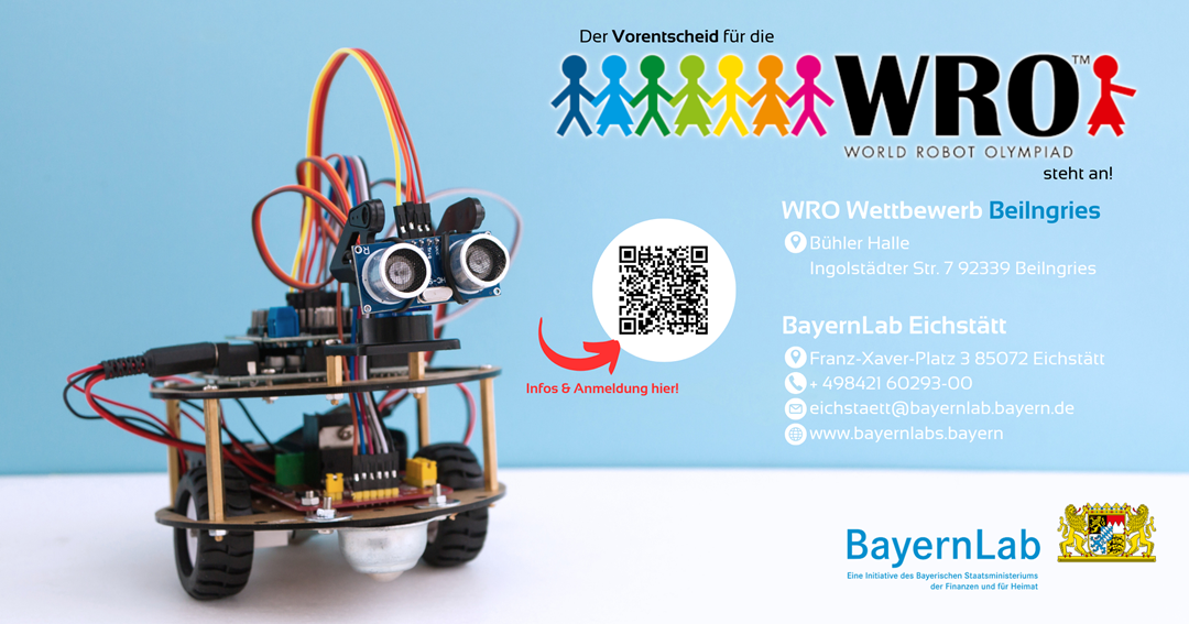 Werbeposter zur World Robot Olympiad 2025 Ein kleiner Fahrroboter auf einem Werbeposter zur World Robot Olympiad 2025